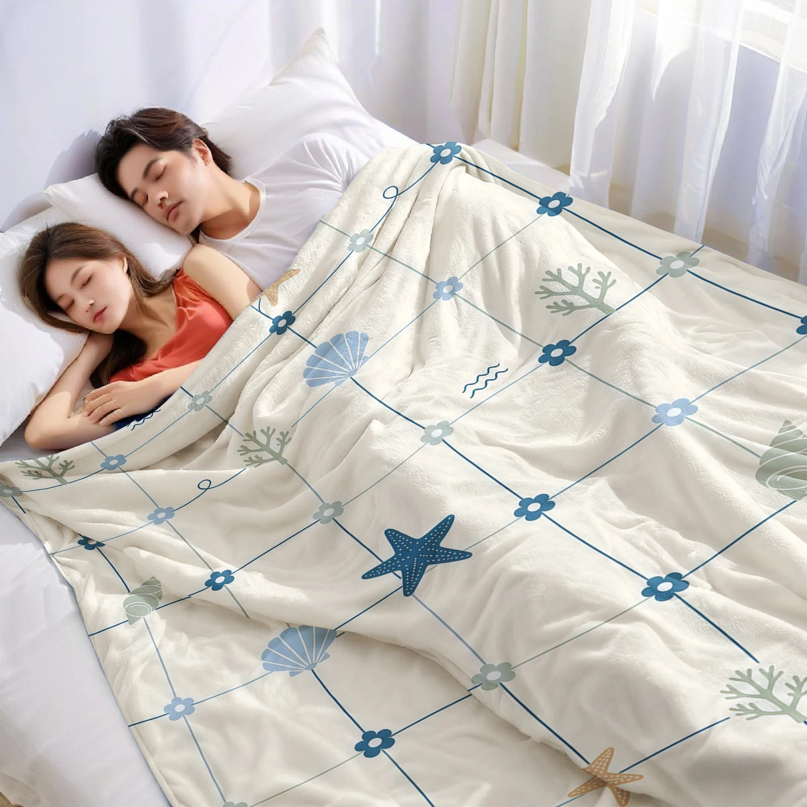 Ocean Net Shell Lightweight Microfiber Soft Christmas Fleece Blanket Warm Cozy Throw for Bed Sofa Office Travel All Season
