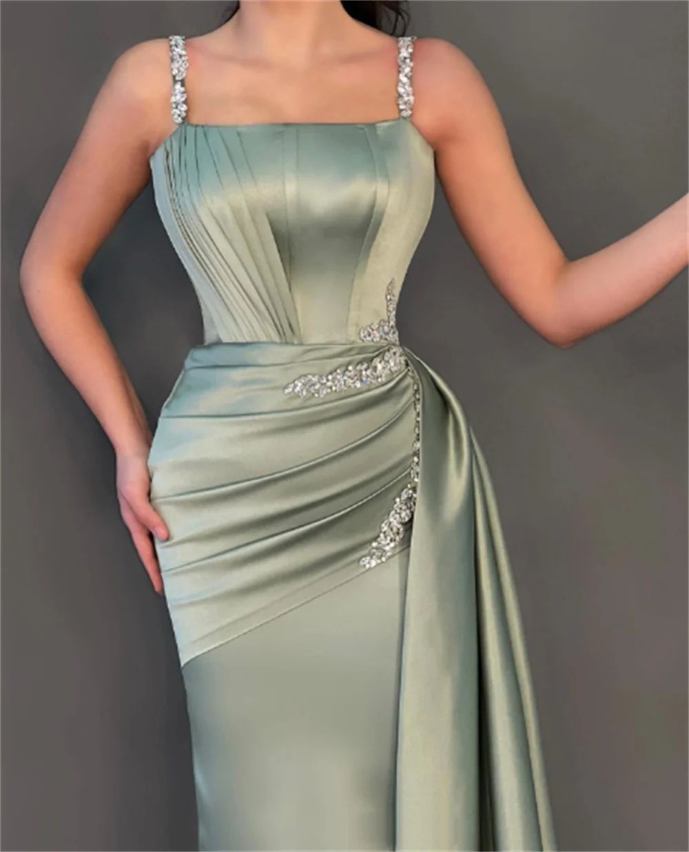 Amanda Elegant Matcha Green Evening Dress Sexy Side Tail Mermaid Party Dress 2024 Luxury Sequins Satin فساتين مناسبة رسمية