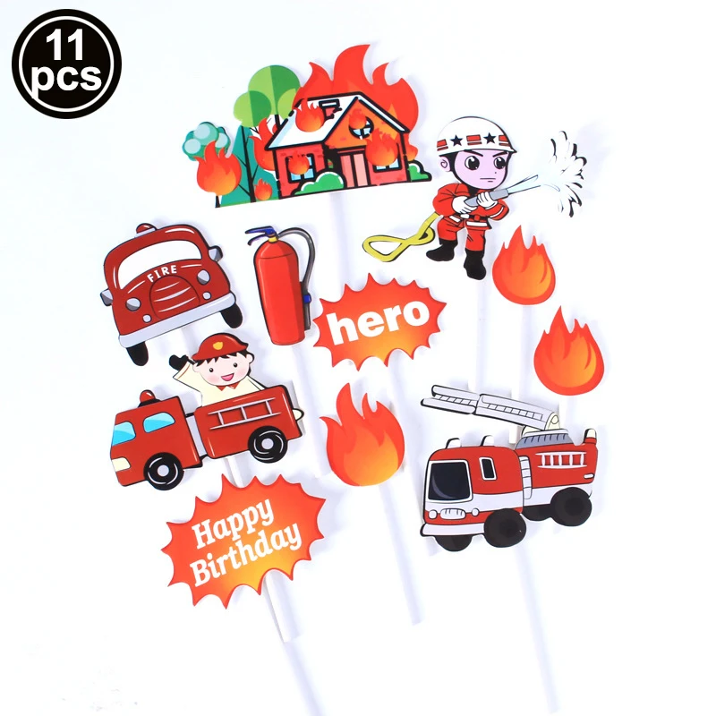Acrylic Fire Truck Cake Decoration Fireman Happy Birthday Cake Topper Fire Fireman Theme Boys Birthday Party Decoration Supplies