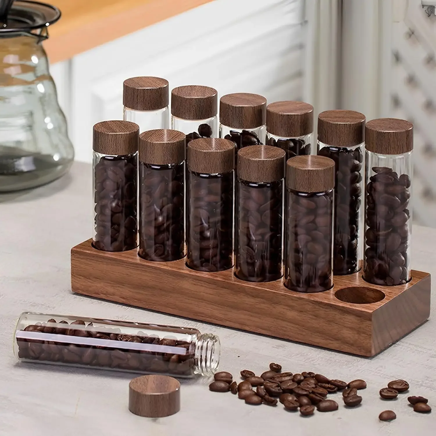 2Pcs Bean Storage Tubes with Wooden Stand Portable Dose Bean Container Sealed Empty Glass Vials with Lid for Coffee Bar