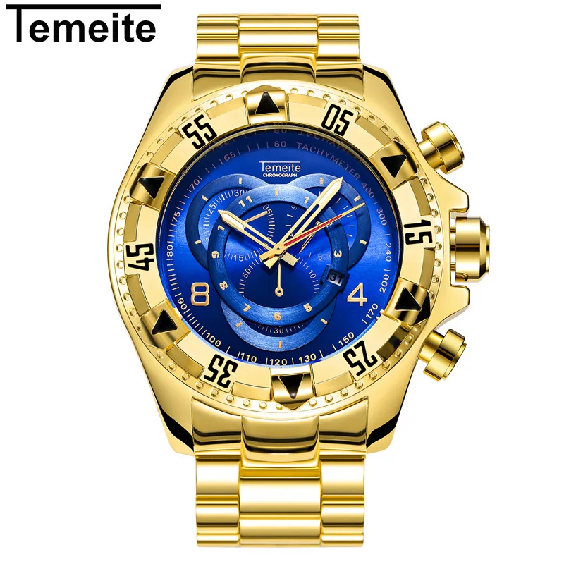 Temeite Gold Men Watch 2022 Luxury Brand Big Dial Quartz Waterproof Golden Male Wristwatches Stainless Steel Relogio Masculino