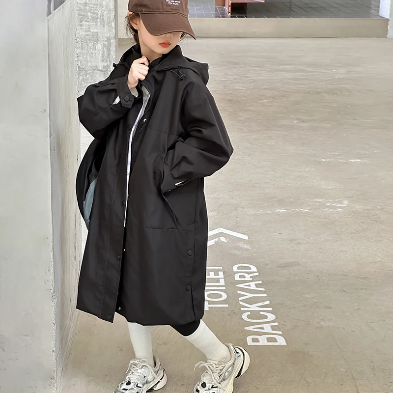 

autumn teenage girls long windbreaker black casual overcoat Hooded windbreaker jacket junior kids outer wear 4 6 8 10 12 14