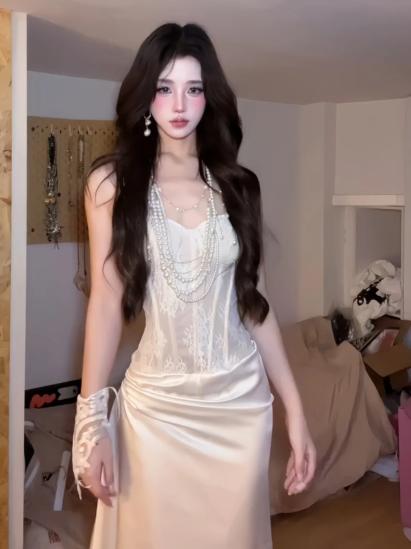Elegant Lace Satin Bandeau Dress with Fishbone Design Heavy Embroidery Hugging Body Perfect for Party Birthday Celebration