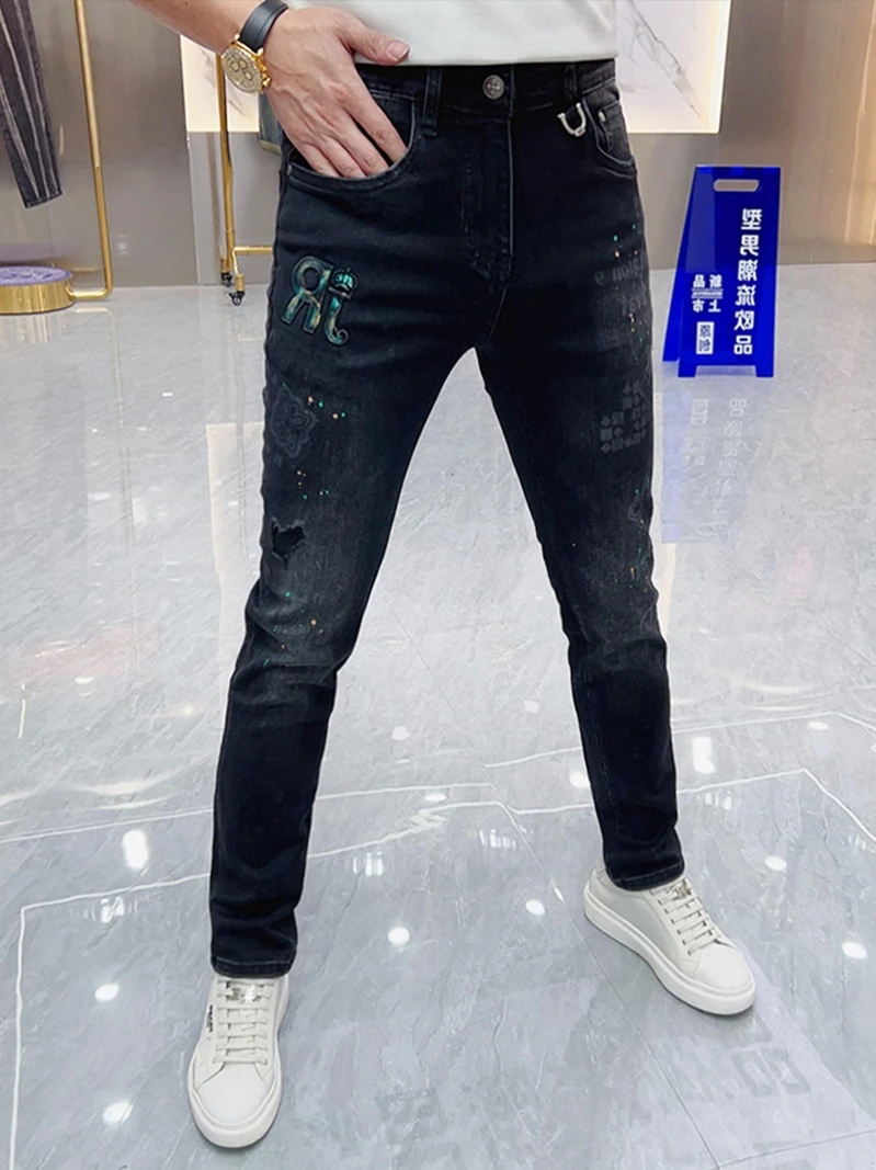 

New 2025 Men's Denim Jeans Trendy Brand Printed Hole Elastic Bla Slimming Long Pants Casual High Waist Straight Leg Jeans