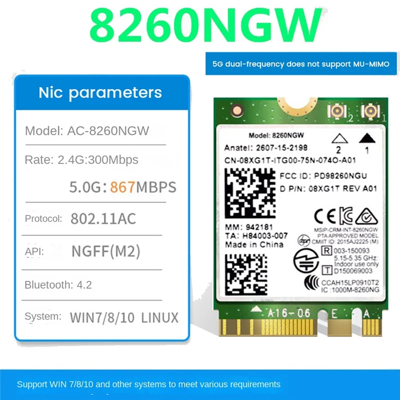 Módulo de cartão sem fio WiFi para Intel AC, 8260NGW, 2XAntenna, 2.4G, 5Ghz, 867M, Bluetooth 4.2, NGFF, 8260