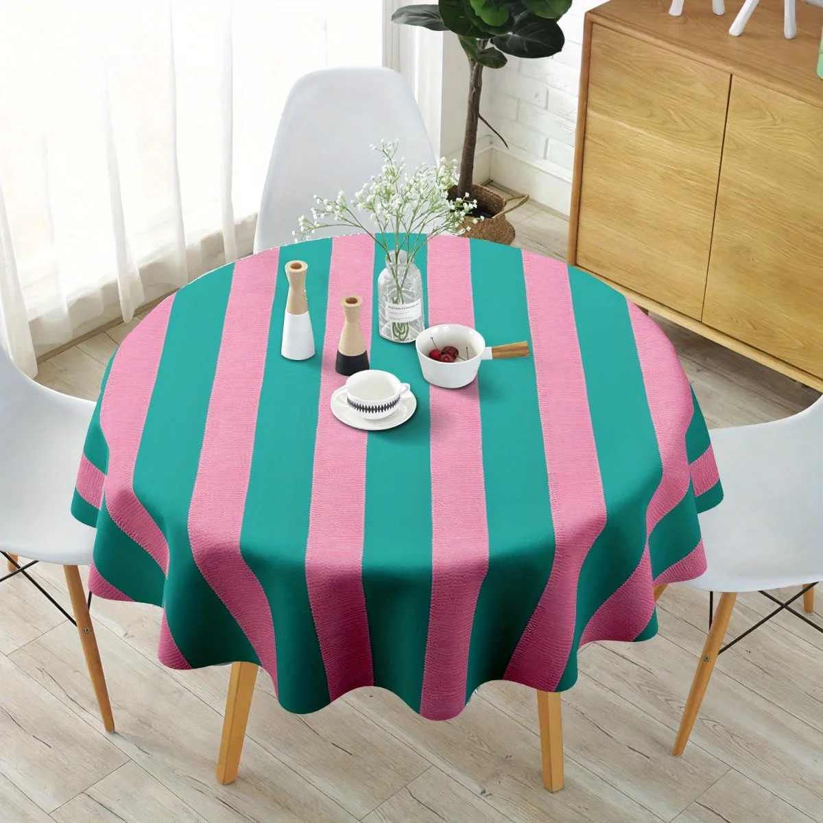 One green and pink striped polyester tablecloth, suitable for dining tables and coffee tables