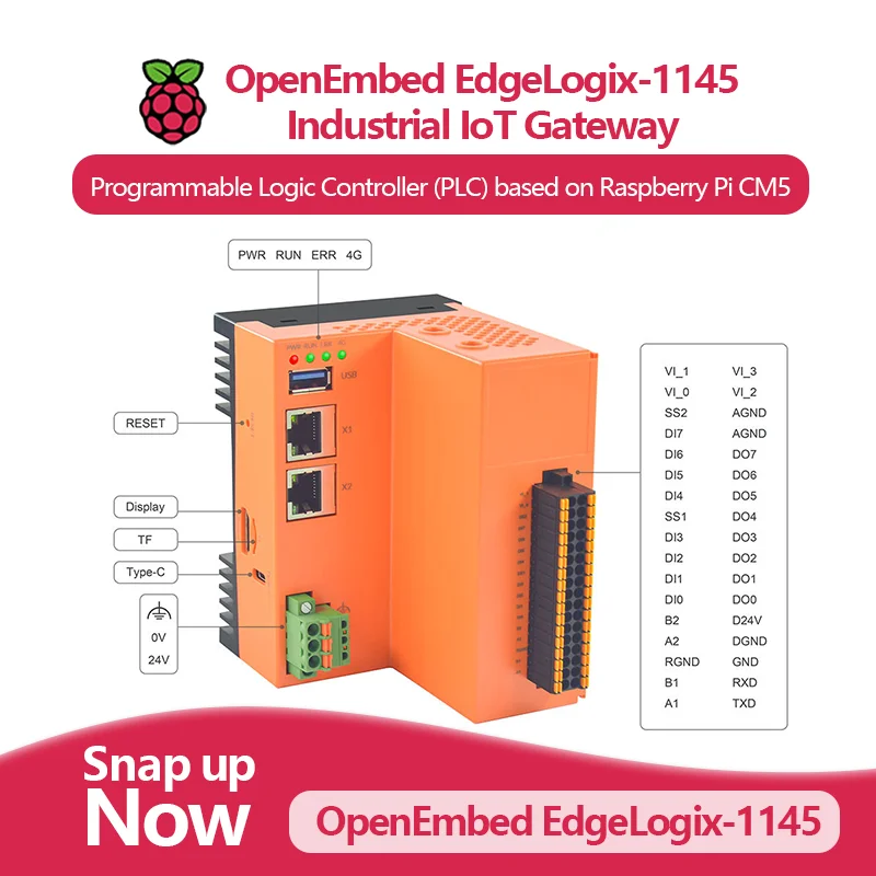 

OpenEmbed EdgeLogix-1145, программируемый логический контроллер (ПЛК), на базе Raspberry Pi CM5, с двойным GbE, RS485/RS232, 24 В DI/DO