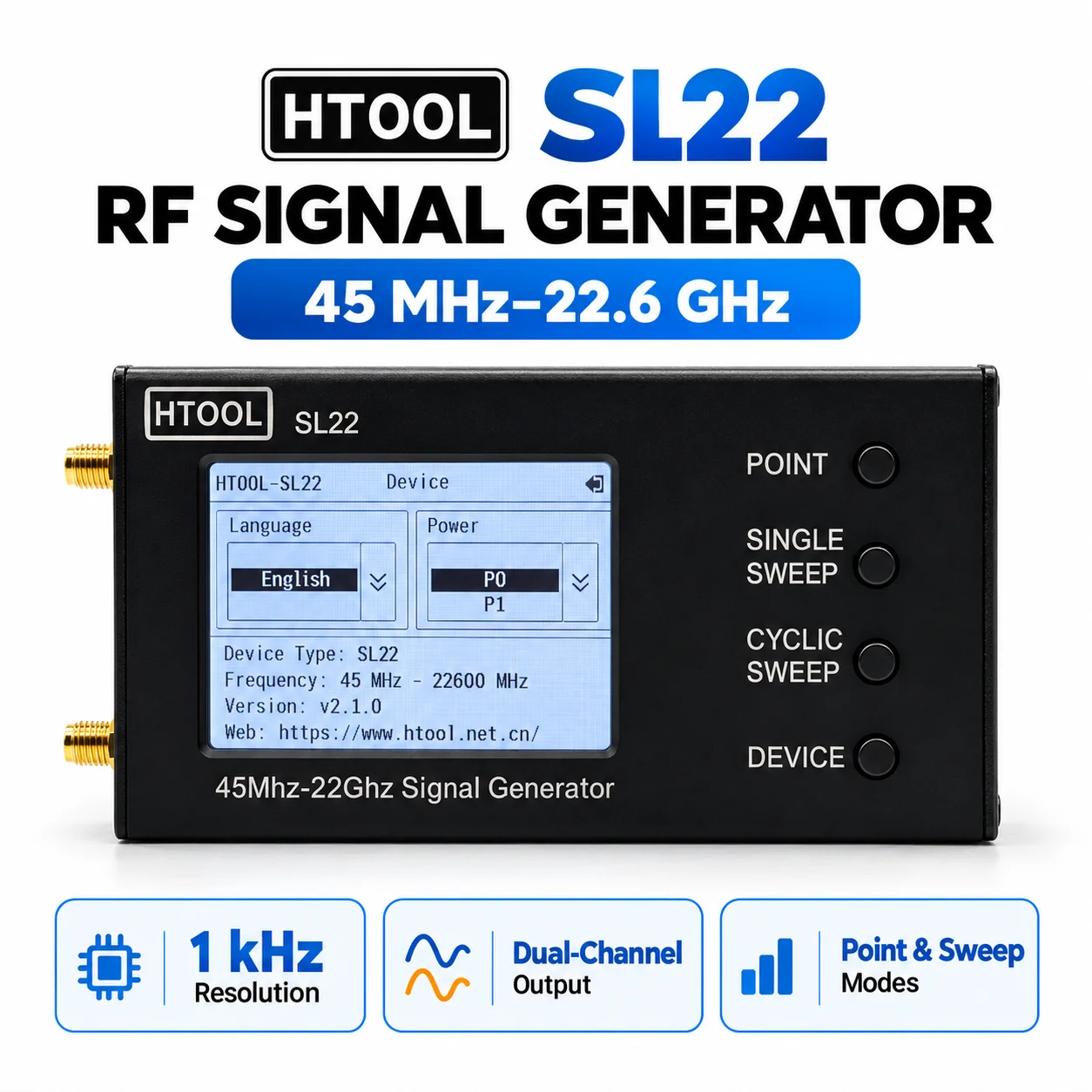 HTOOL SL22 Portable RF Signal Generator 45MHz-22.6GHz Dual Channel Frequency Sweeper 1kHz Type-C PC Control