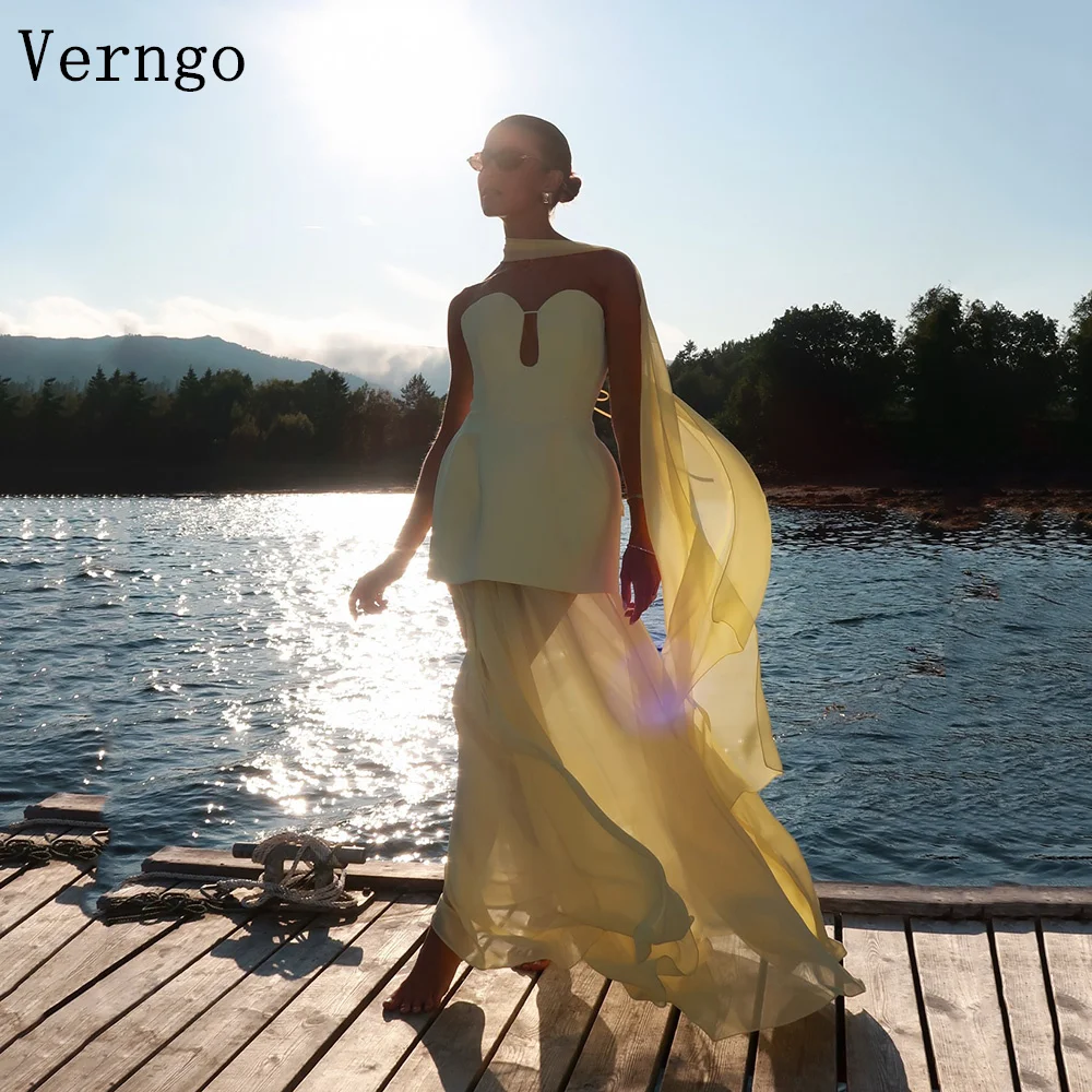 

Verngo Yellow Chiffon Prom Gowns Strapless A Line Formal Occasion Dress Elegant Maxi Prom Party Gowns Customized