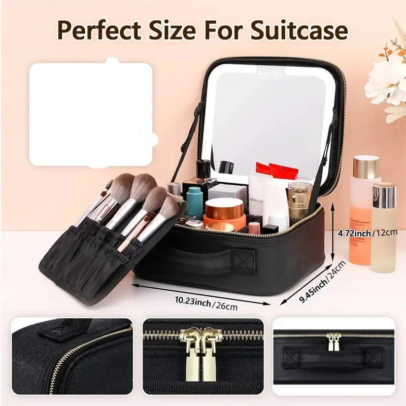 Makeup Train Case with Lighted Mirror 3 Color Setting Travel Cosmetic Makeup Bag Organizer with Adjustable Dividers Black