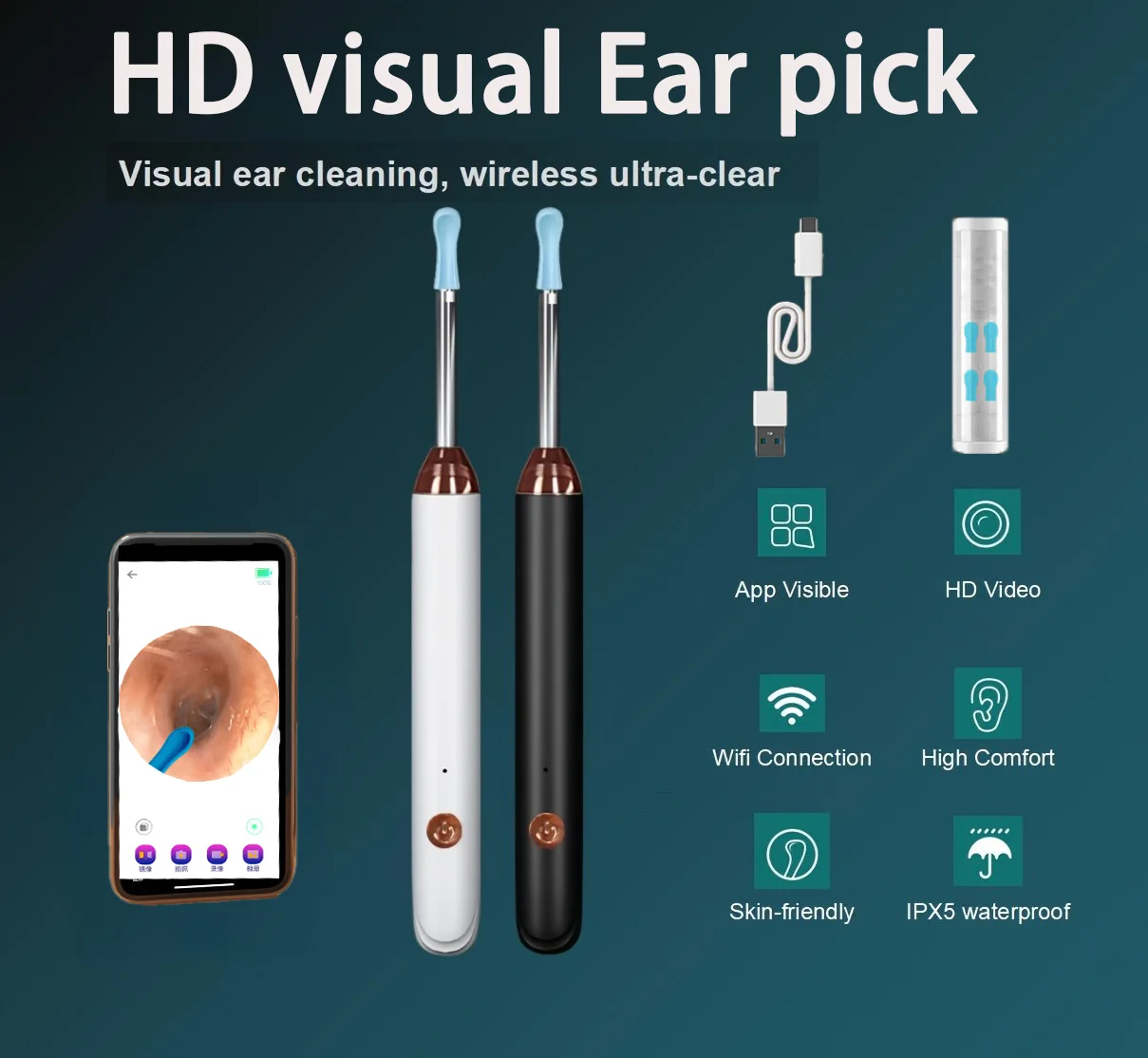 الذكية البصرية قابلة للشحن خلال أذني الأذن نظافة الأذن العصي منظار الأذن TypeC شحن المنظار الشمع أداة إزالة الصواميل Earpick الرعاية الصحية