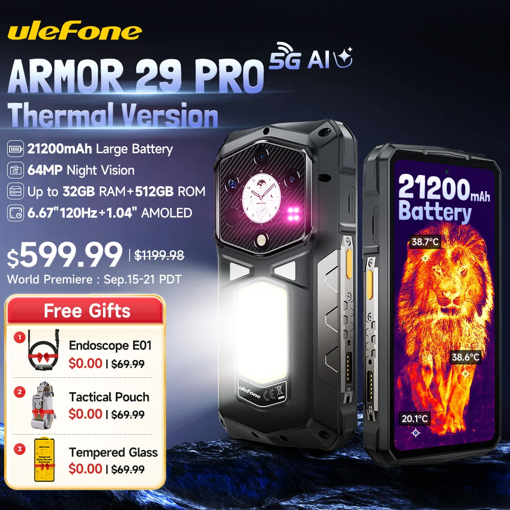 World Premiere Ulefone Armor 29 Pro Thermal Version 5G AI Rugged Phone 21200mAh 120W 64MP Night Vision 6.67