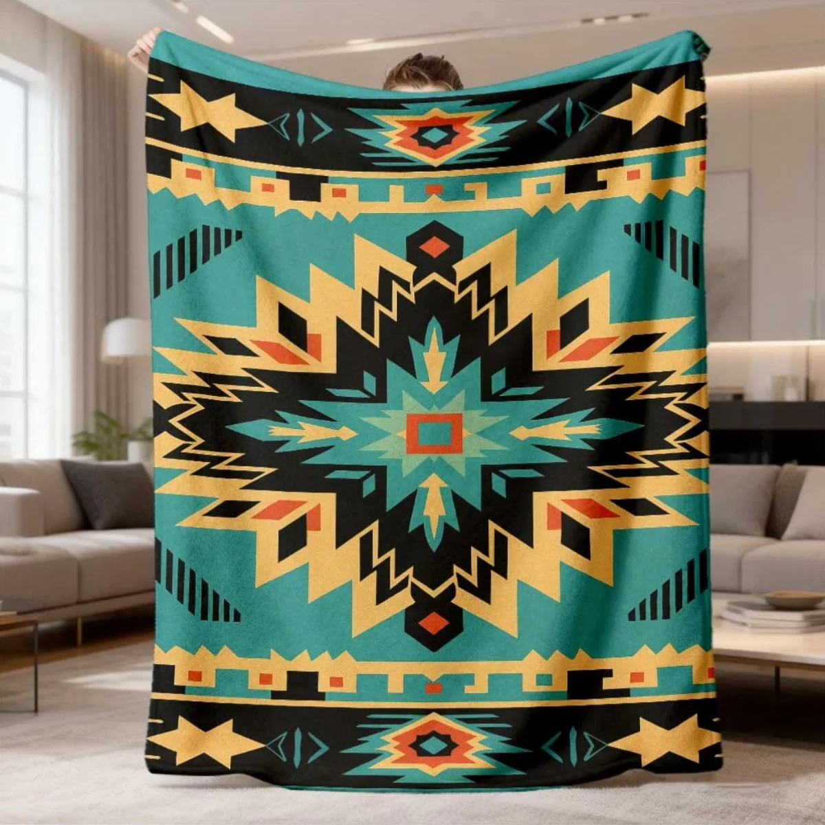2026 New Flannel Blanket Launch 1pc Bohemian Style Soft Blanket, Bright Geometric Design, All Seasons Suitable, Comfortable Sofa