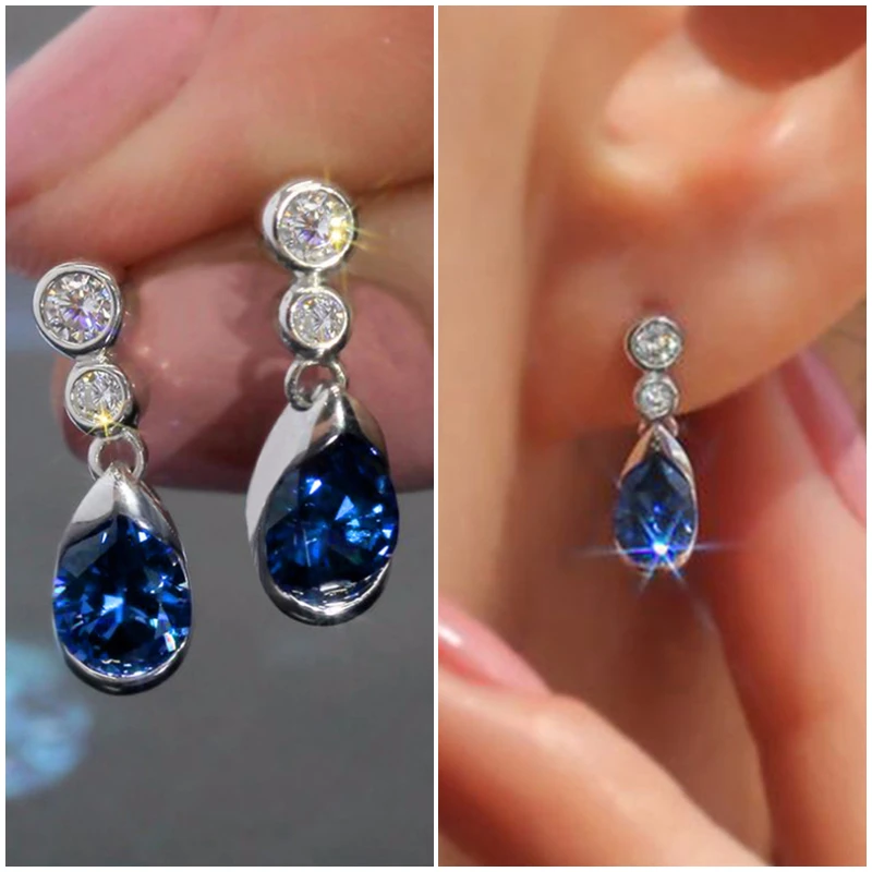 Huitan Chic Birne Blau CZ Tropfen Ohrringe für Frauen Einfache und Elegante Weibliche Hängende Ohrringe Romantische Dame Schmuck