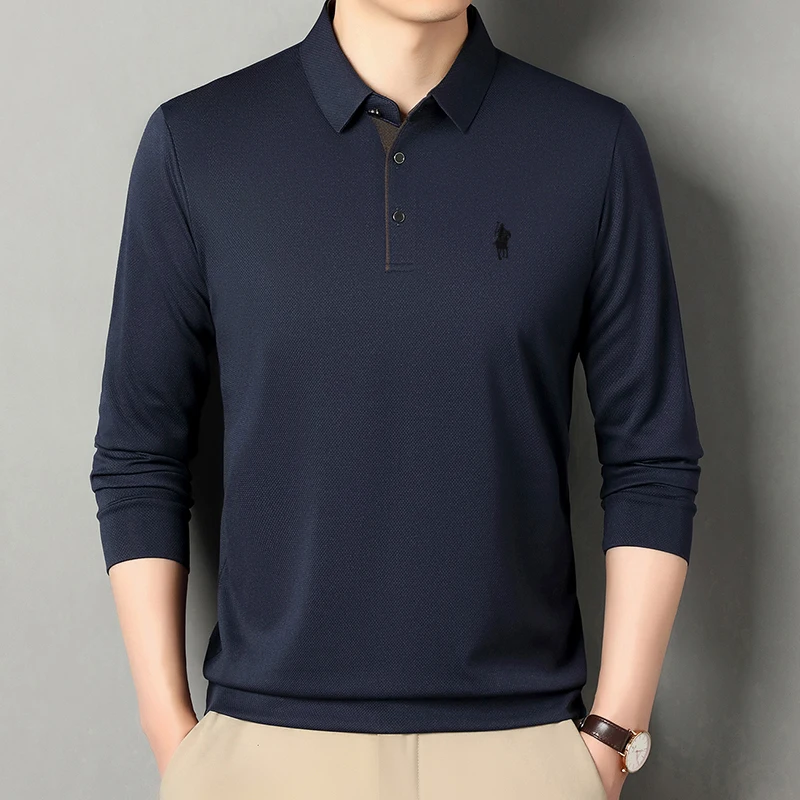 Men's new long sleeved polo shirt collar button solid color printed T-shirt, business casual hot selling men's clothing