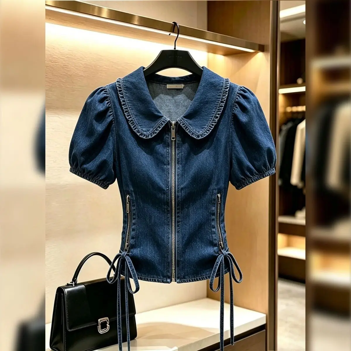 

College style bubble sleeve denim top women's summer fashionable small doll collar drawstring strap waist shirt