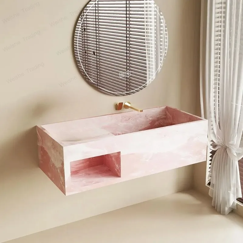 Certified Premium Mid-Century Wall Vanity: Natural Rosy Quartz Marble w/Scratch-Resistant Ultra Narrow Rim Deep Undermount Basin