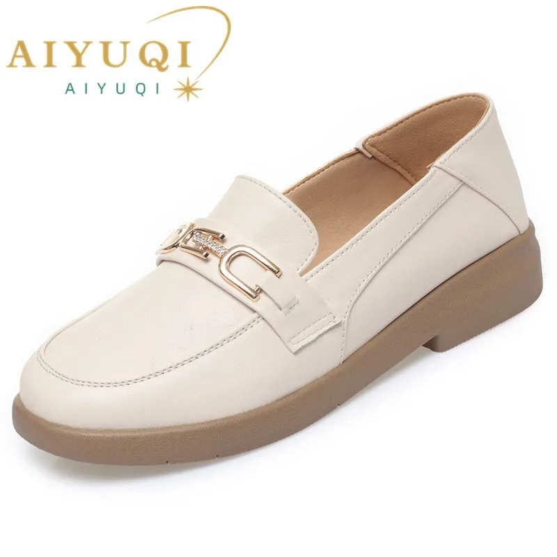 AIYUQI Women\'s Loafers Spring 2024 New Casual Shoes Ladies Slip-on Round Head Cowhide British Style Large Size Shoes Women