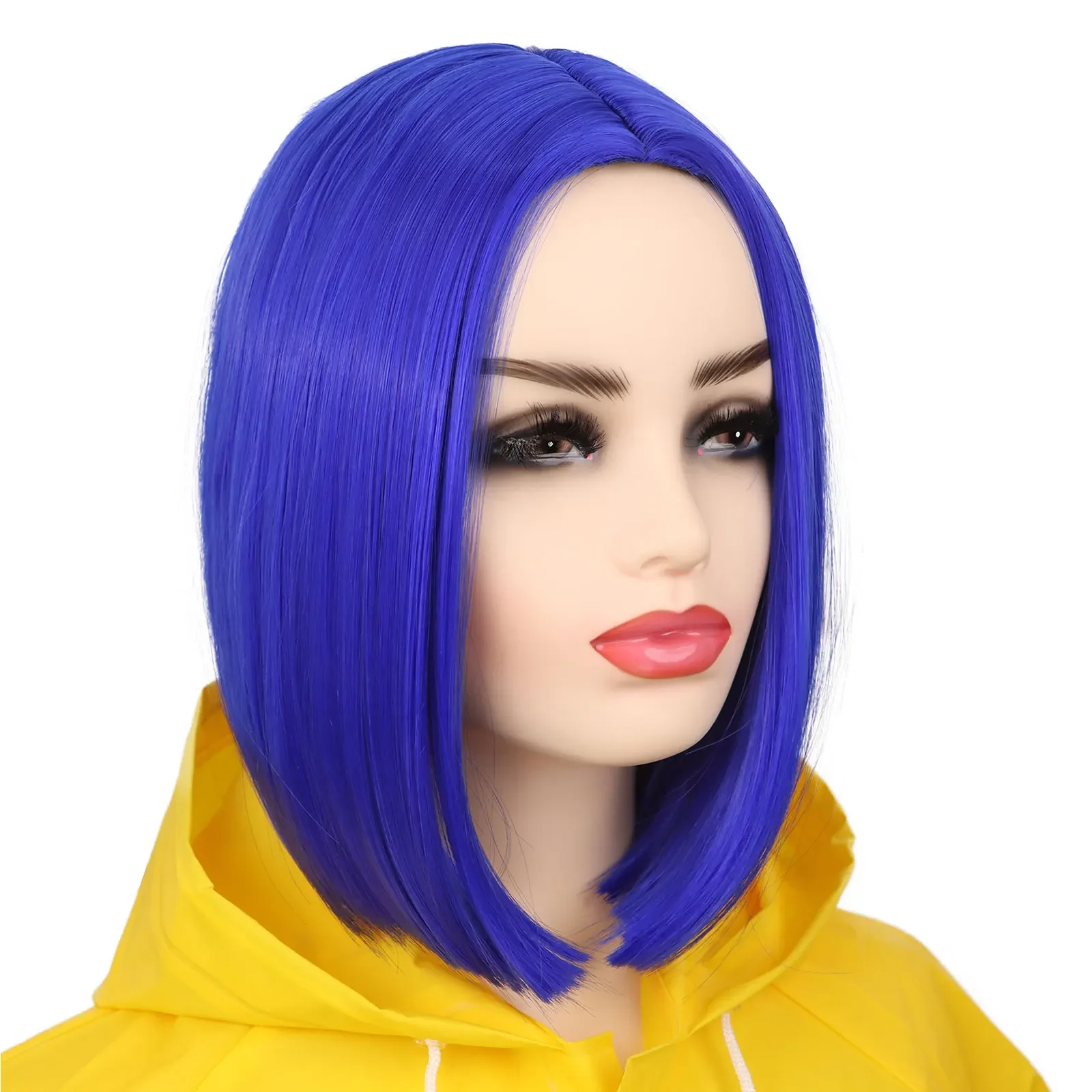 Peruka cosplay Anime Blue Bob dla kobiet, krótka prosta peruka z naszyjnikiem i spinką do włosów w kształcie ważki, peruka na kostium na Halloween