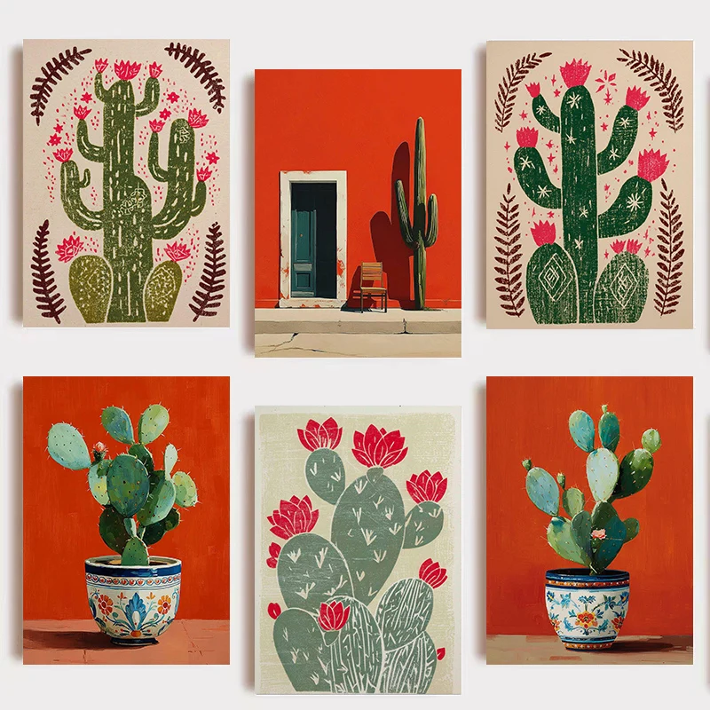 (No frame)Minimal Cactus and Chair Poster Mexican Architecture Artwork Canvas Painting Print Boho Home Decor for Living Room