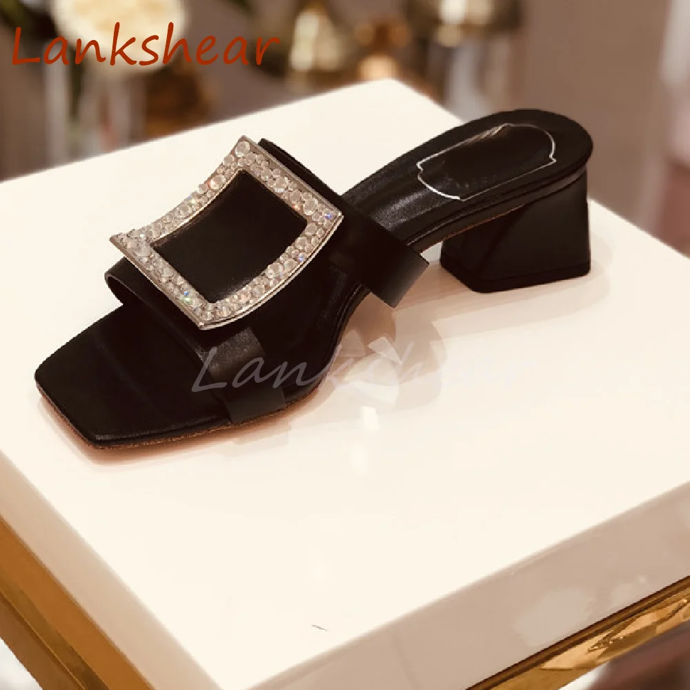 Square Toe Square Diamond Women Slippers Square Heel Slingback Sexy Fashion Solid Summer Outwear Women Shoes 2024 New Arrivals