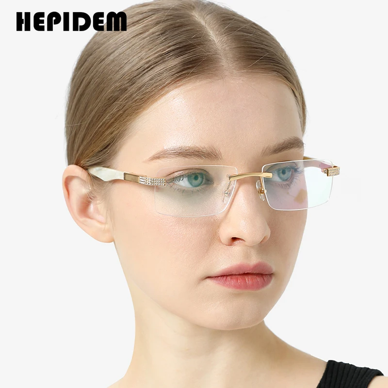 HEPIDEM Buffs Glasses Men 2021 New Square Luxury Diamonds Sumptuous Rimless Buffalo Horn Eyeglasses Frame Women 0023