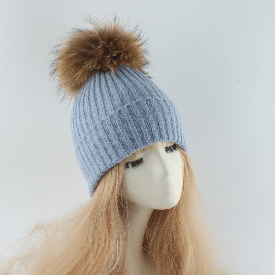 NEW Real Raccoon Fur Pom Pom Hats For Women Warm Striped Knitted Hat Winter Girls Fox Ball Beanies Skullies Outdoor Female Cap 3