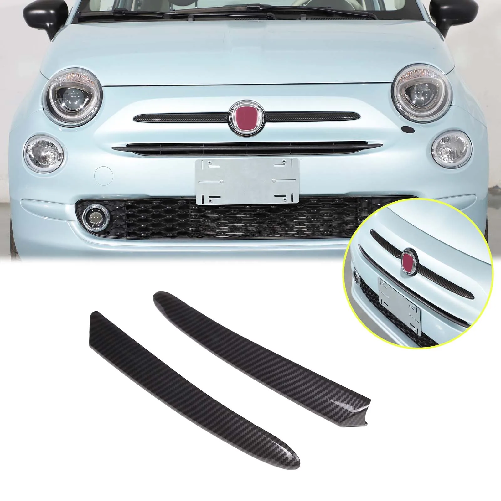 

For Fiat 500 2016-2025 Carbon Fiber Car Front Lower Grille Moulding Cover Racing Grill Middle Mesh Trim Strip Frame Accessories