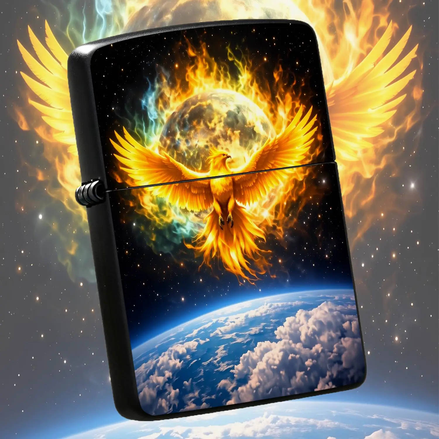 Mythic Phoenix Starry Sky Themed Lighter, Vibrant Fiery Bird Cosmic Pattern Portable Igniter, Ideal For Outdoor Camping Daily Use, Exquisite Creative Accessory For Personal Collection Gifting, Fits All Scenarios With St A Humorous And Inter