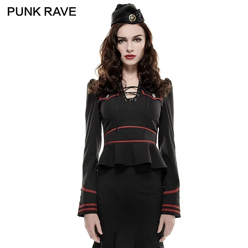 PUNK RAVE Stand Collar Military Uniform Spring Gothic Women Shirts Jacket Halloween Christmas Club Party Lotus Leaf Hem Blouses