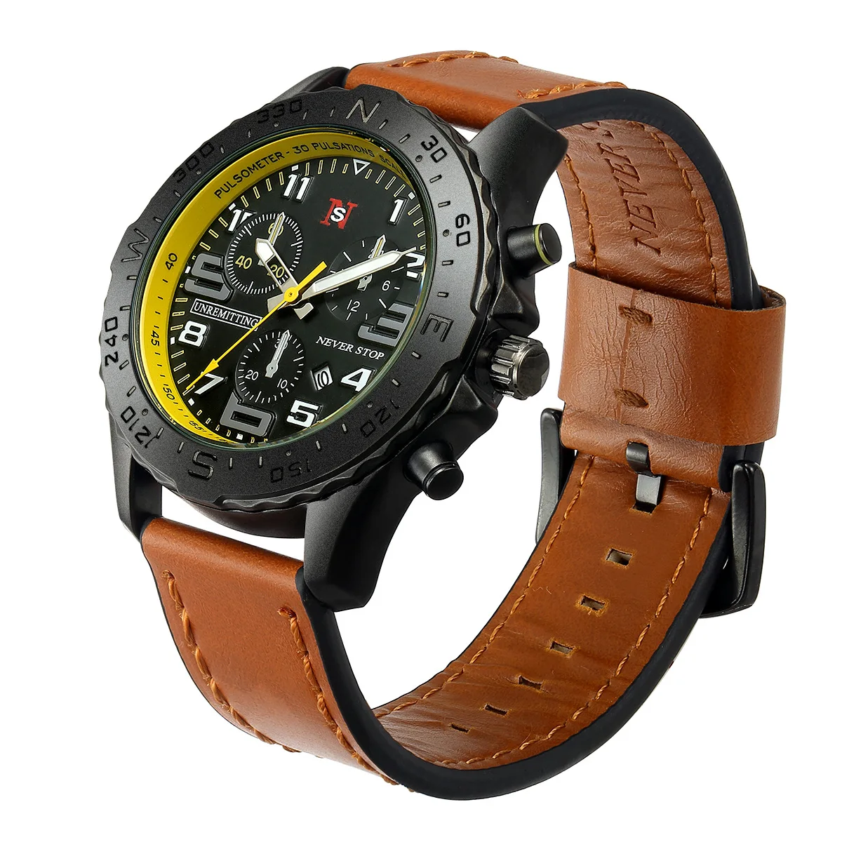 ساعة كوارتز كرونوغراف متعددة الوظائف للرجال من العلامة التجارية NS، حزام جلدي خارجي متعدد الألوان