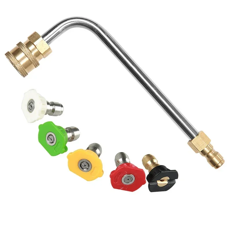 Ulepsz swoje możliwości czyszczenia dzięki przedłużeniu myjki wysokociśnieniowej o długości 17 cm i krzywiznie 90 stopni oraz 5 końcówek dysz rozpylających