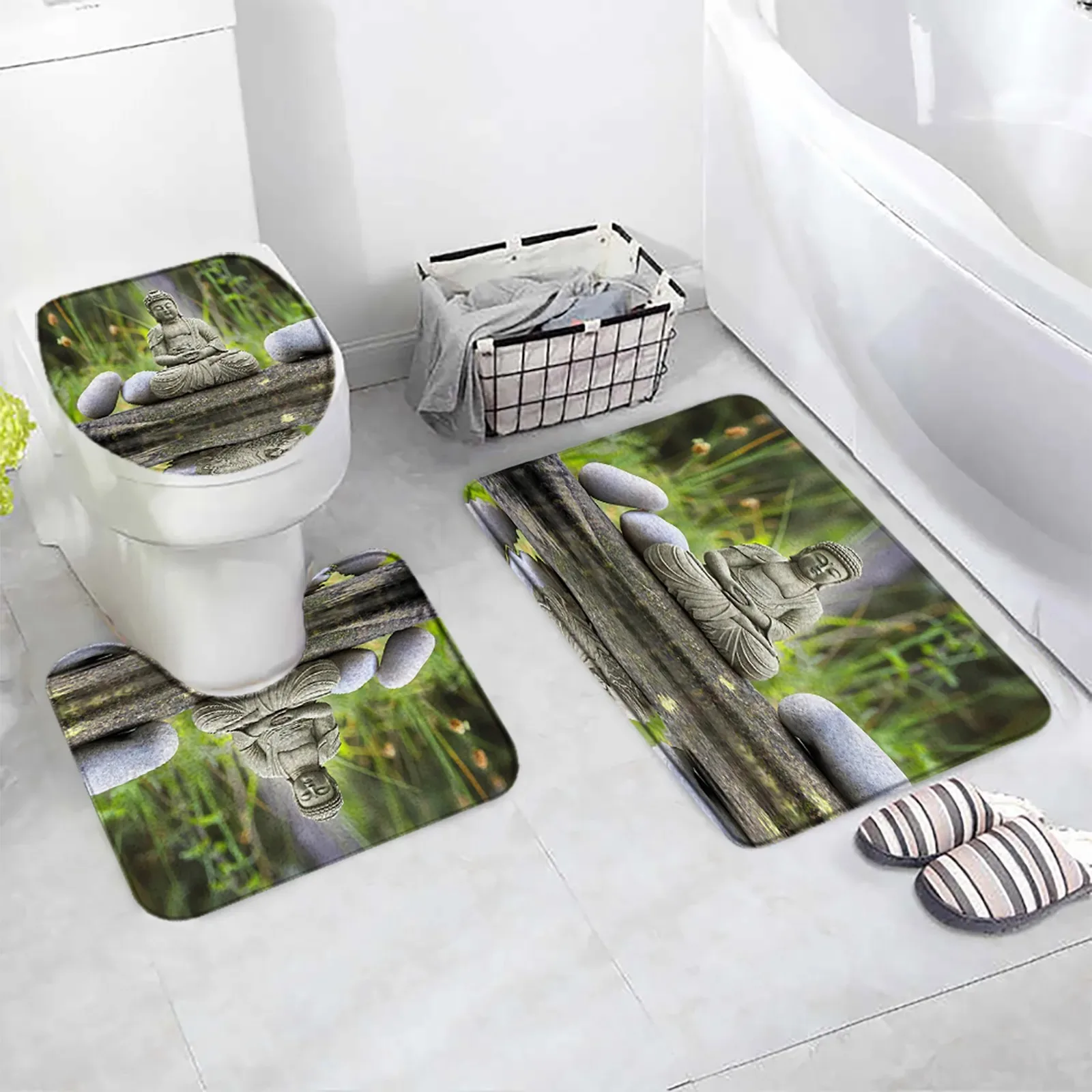 Green Bamboo Zen Bath Mats Set Orchid Lotus Massage Stone Asian Spa Door Pad Modern Bathroom Decor Non-slip Rug Toilet Cover Mat