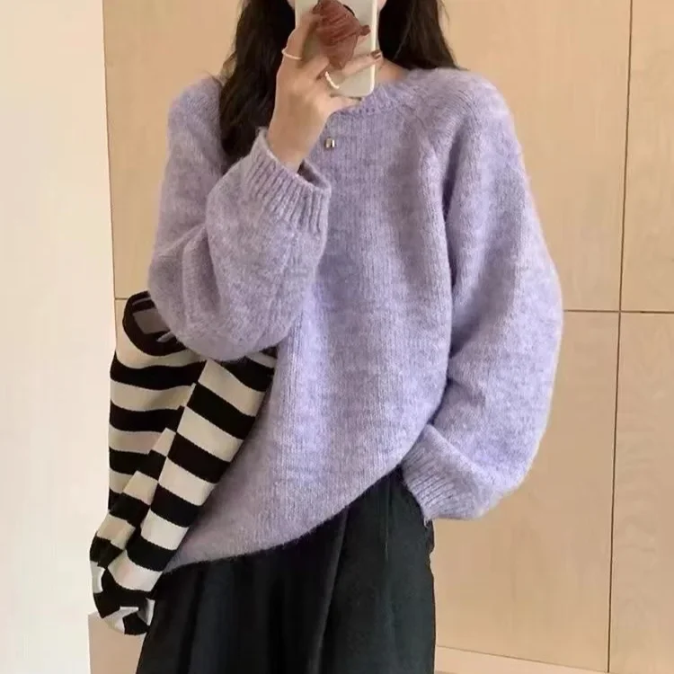 فضفاضة تناسب الخريف الشتاء وصول جديد الكورية نمط قمة الموضة لينة مريحة كسول نمط لطيف المرأة محبوك سترة جولة الرقبة #4