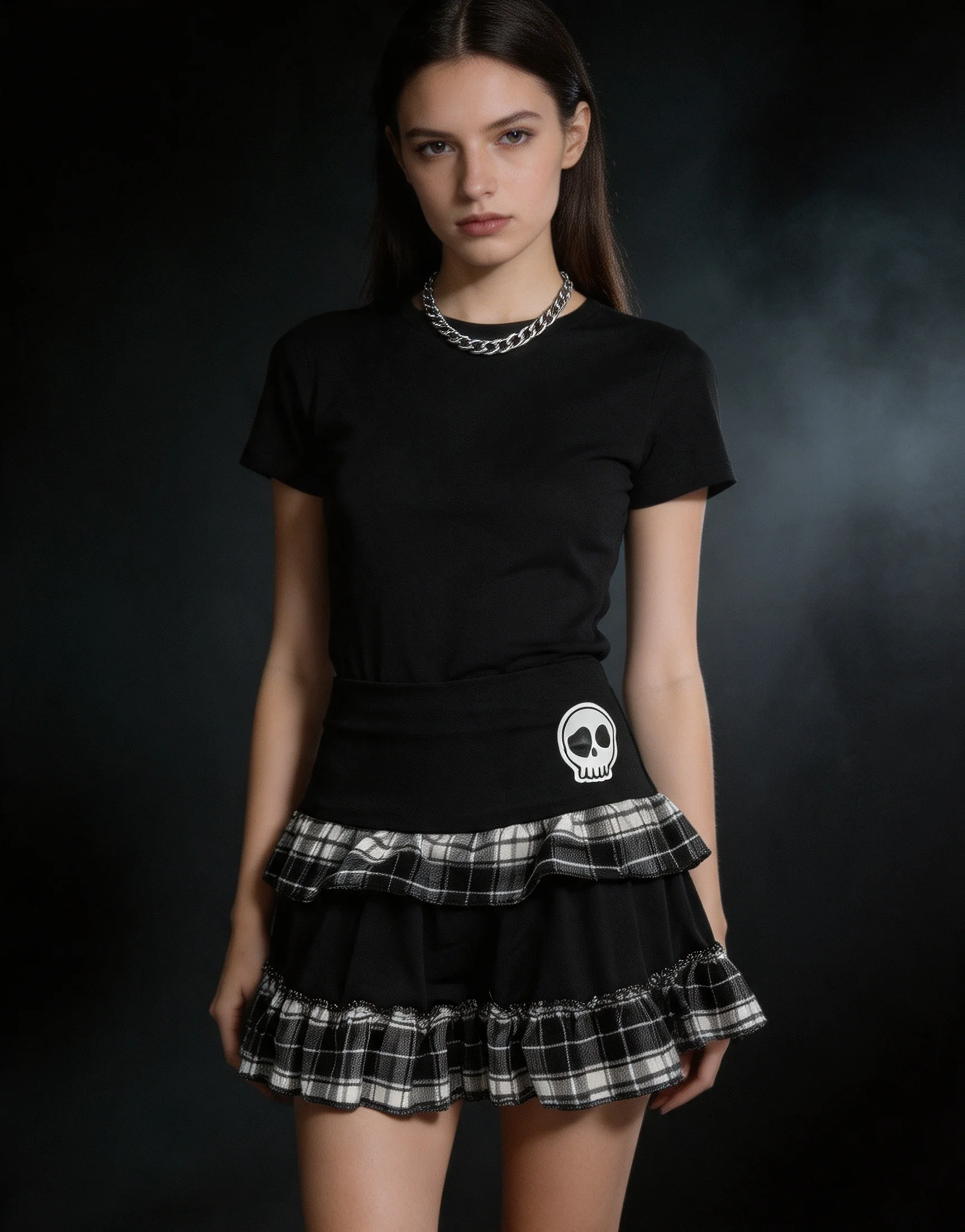 Summer Dark-style Skull and Plaid Print Double-layer Ruffled Spicy Skirt