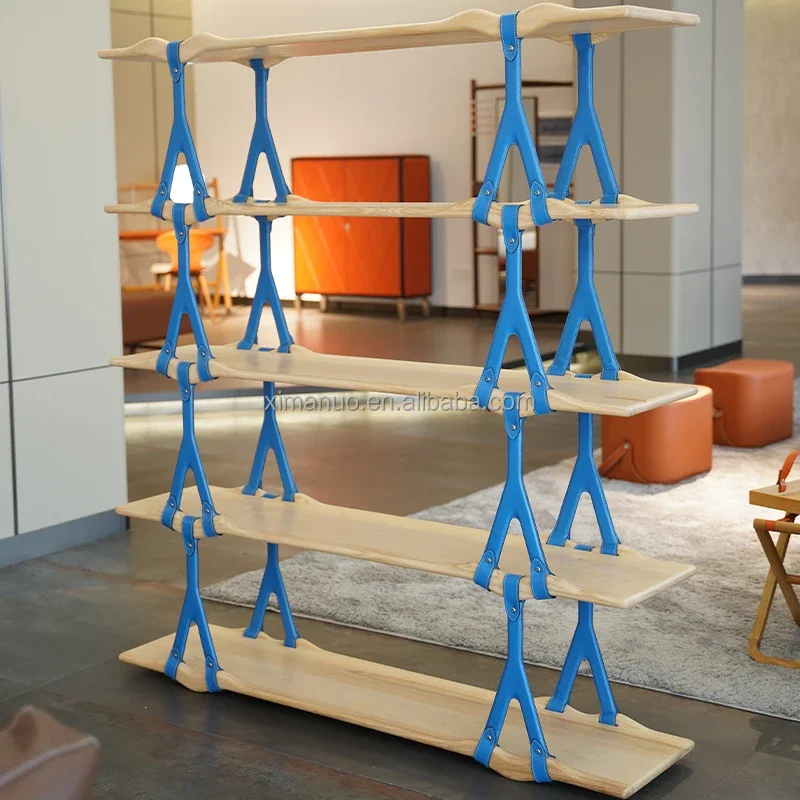 

Customizable Solid Wood Bookshelf Shelf Saddle Leather Ash Wood Multi-Tier Bookshelf Wave Decorative Bookshelf