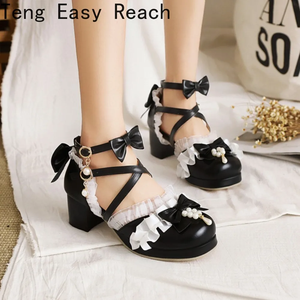 

Женская обувь, новинка весенне-осеннего сезона, модные туфли Мэри Джейн с бантом-бабочкой, милые кружевные туфли в стиле Лолиты для вечеринок, большие размеры 32-48