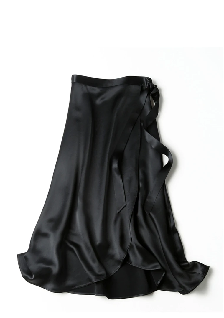 2026 Summer Lace-up One Piece Long Skirts High Waist A-Line Skirts Autumn Office Ladies Black Silk Satin Long Skirts Vestidos