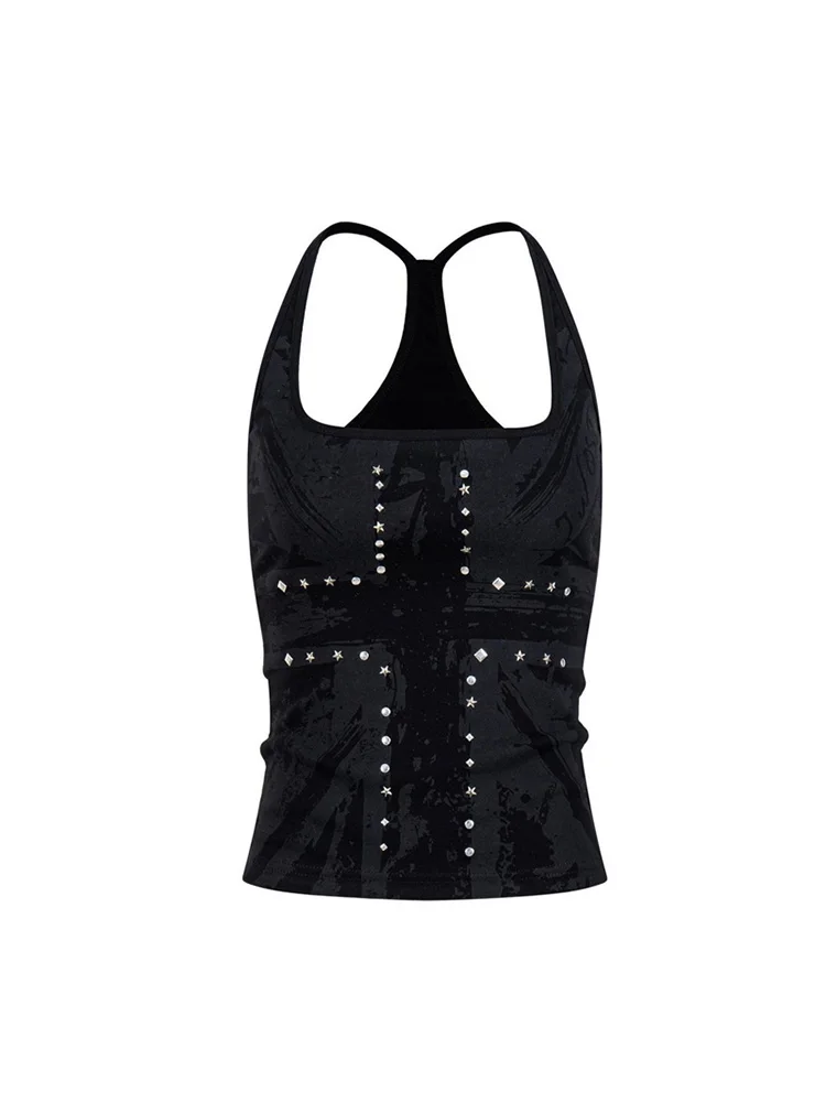 2026 Sommer Damen Punk Rave Festival Distressed Graffiti Print Metall-Stern-Nieten Quadratischer Ausschnitt Racerback Bodycon Crop Tank Top – Detail 7