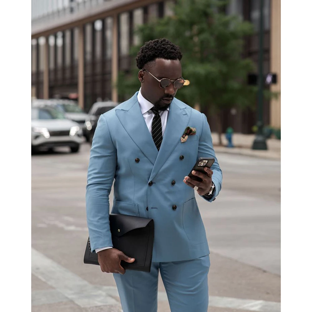 

Custom Luxury Blue Men Suits Wedding Business Double Breasted Peak Lapel Blazer Back Vent Plus Size Formal 2 Piece Jacket Pants