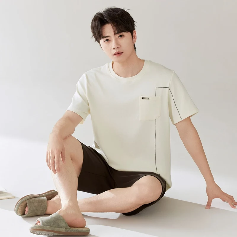 2026 Summer Short Sleeve 100% Cotton Pajama Sets for Men Korean Loose Sleepwear Suit Pyjama Male Homewear Lounge Home Clothes