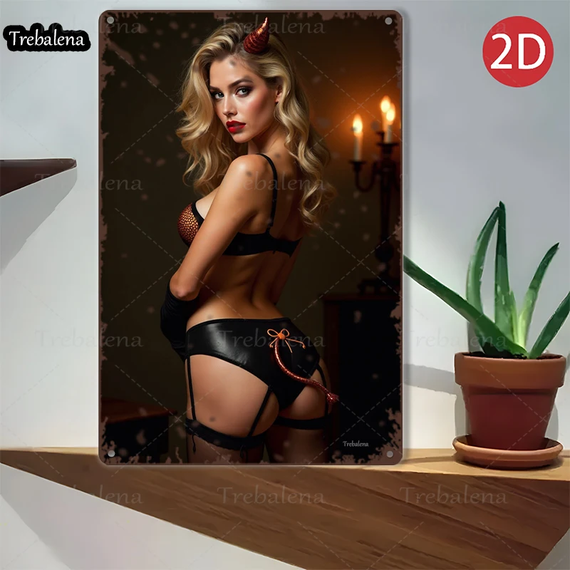 1ชิ้น2Dแบน8*12นิ้วป้ายโลหะเซ็กซี่ปีศาจสไตล์ผู้หญิงงานศิลปะโปสเตอร์วินเทจ