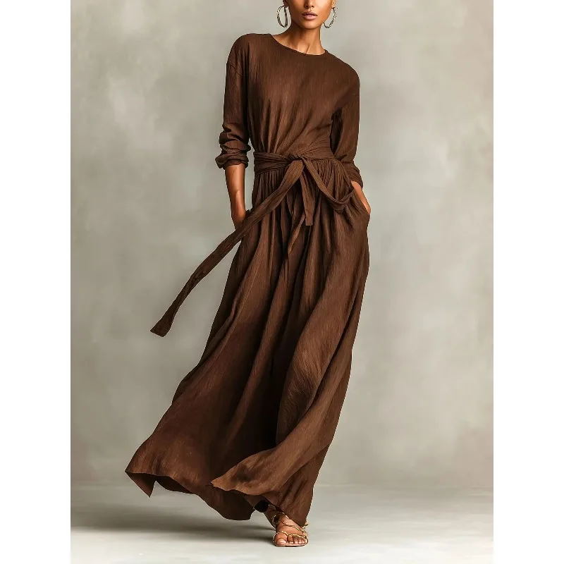 Casual o pescoço com cinto maxi vestido mulher elegante cintura alta ruched a linha balanço vestidos longos manga longa bolso boho vestido