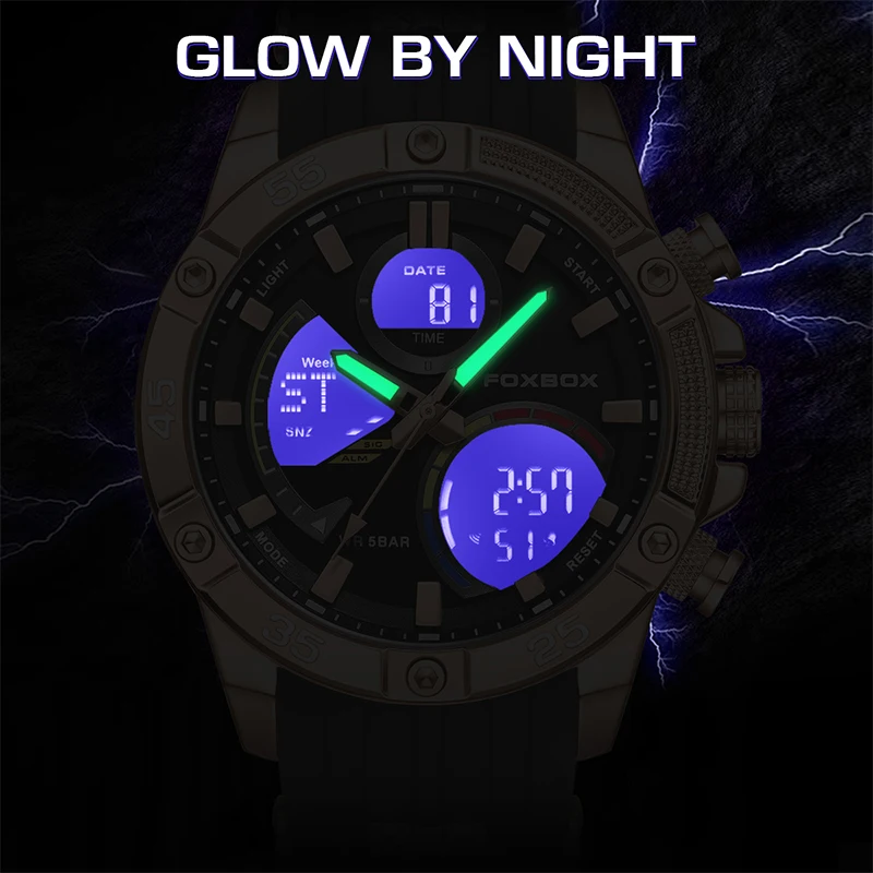 FOXBOX-Montres numériques LED pour hommes, horloge à quartz, sports militaires, extérieur, étanche, luxe, mode décontractée, 50m