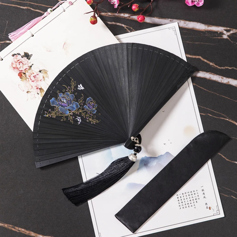 All Bamboo Classical Fan Women Japanese Ancient Classical Black Folding Fan Hanfu Dance Fan Portable Bamboo Fan