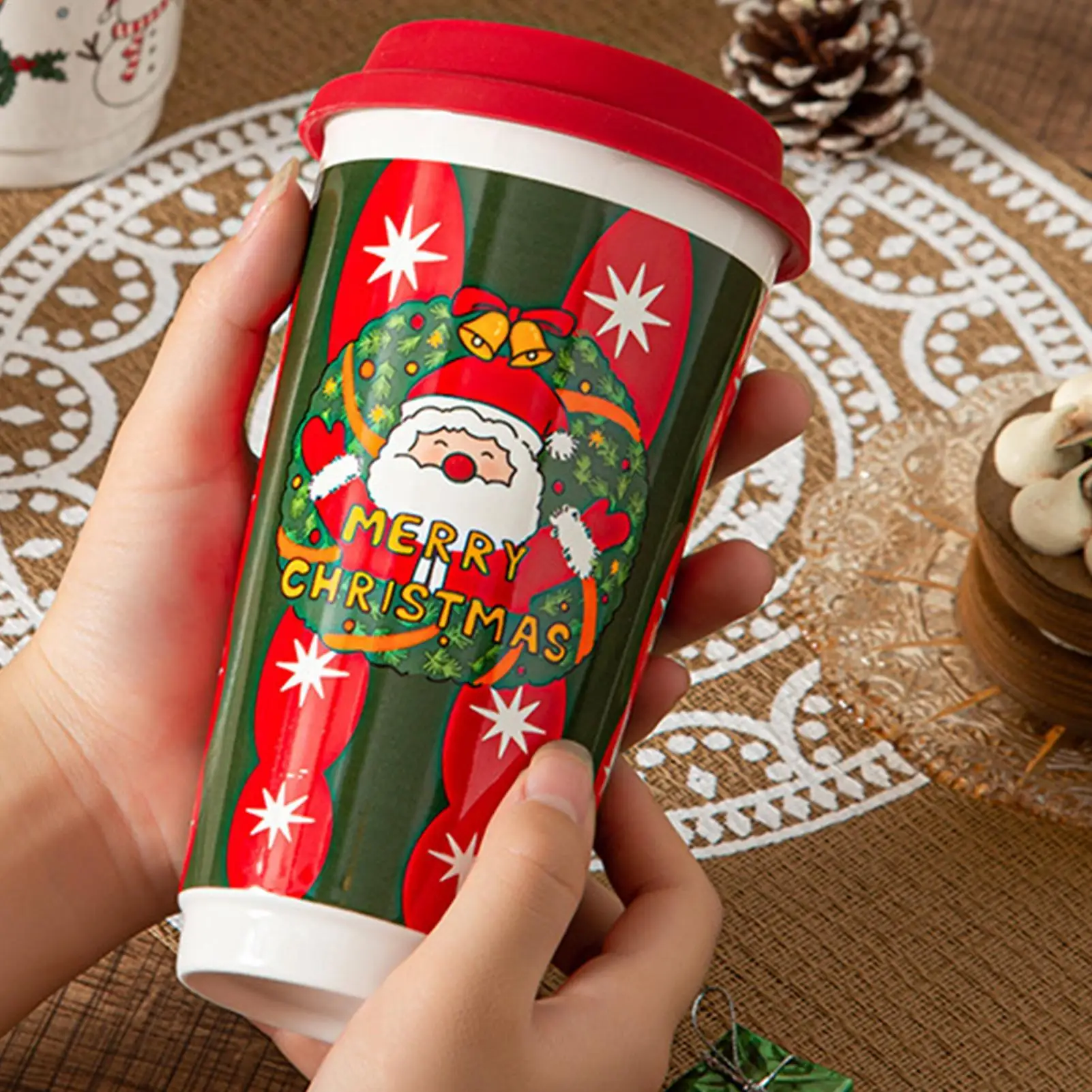 Christmas Coffee Cups 580ml Reusable Ceramic Holiday Drinkware Travel Coffee Mug for Women Coworkers Men Friends Family Adults