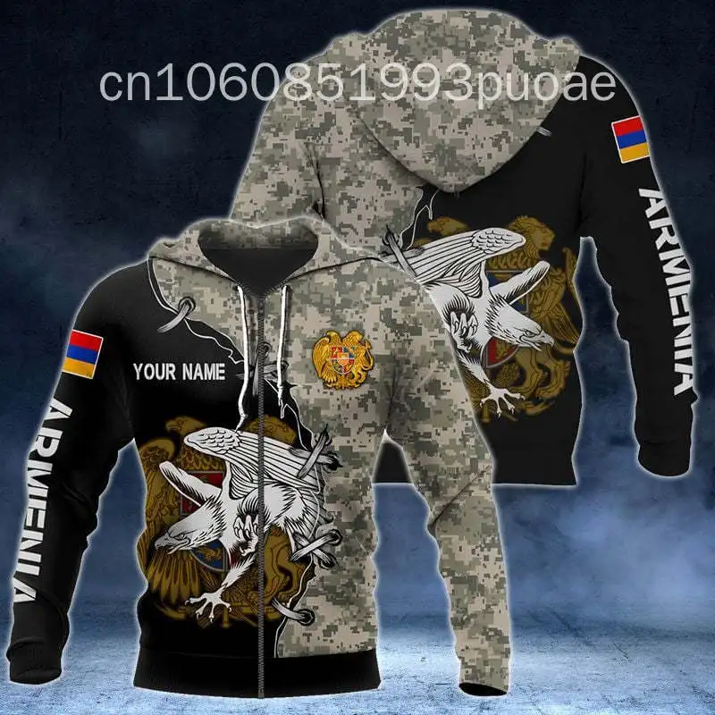 Custom Name Armenia Camouflage Skull Pattern Zipper Hoodies Unisex Oversize Sweatshirts Winter Casual Streetwear Tops Pullover