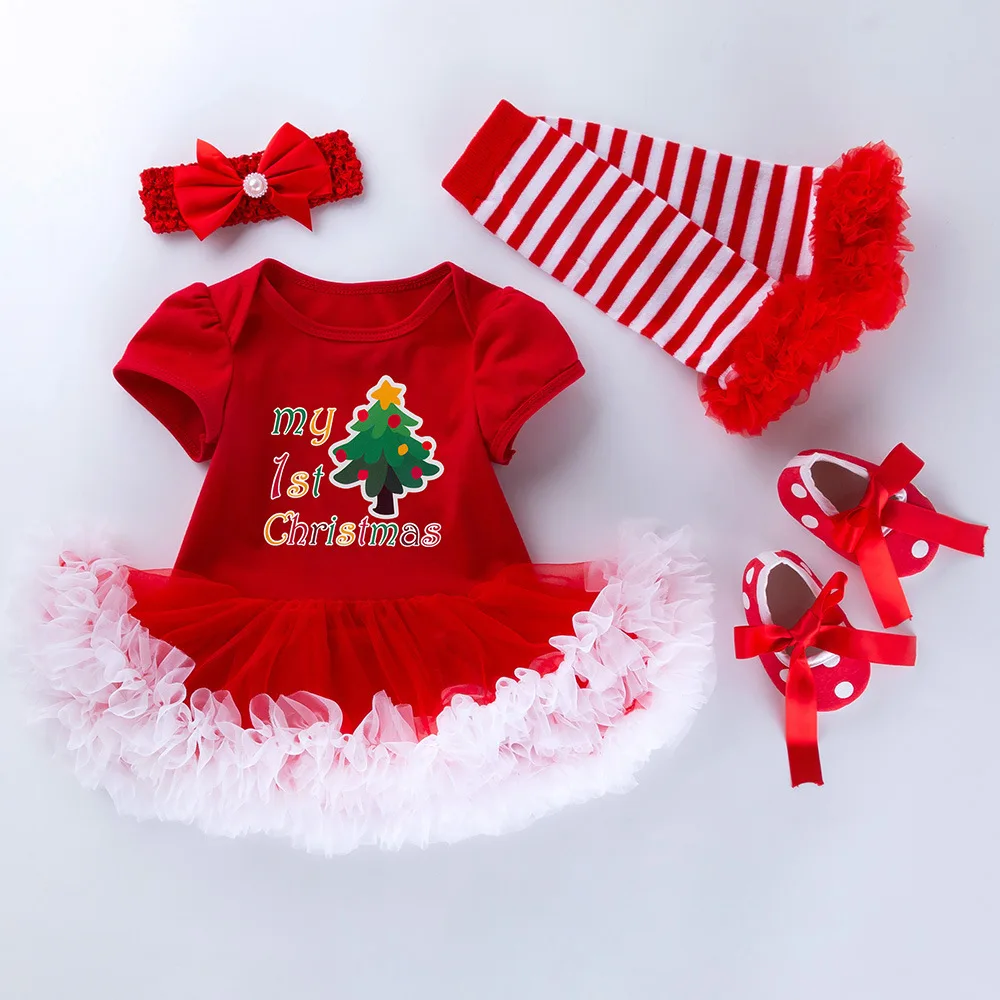 Christmas Baby Clothing Newborn Clothes Set Snow Flower Print Rompers Dress + Headband Shoes Outfits Baby's My First X-mas Gifts