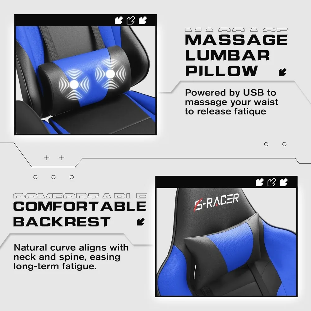 Ergonomischer Gaming-Stuhl mit Fußstütze, Massage-Lendenwirbelstütze, höhenverstellbarer Kopfstütze und Drehgelenk für komfortables Spieles