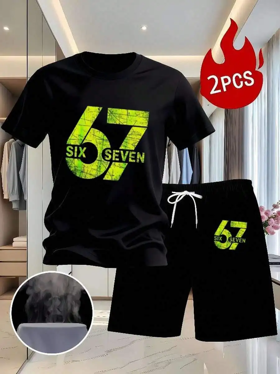 Mens Black Printed Short Sleeve T-Shirt And Shorts Two-Piece Set Casual Loose Streetwear